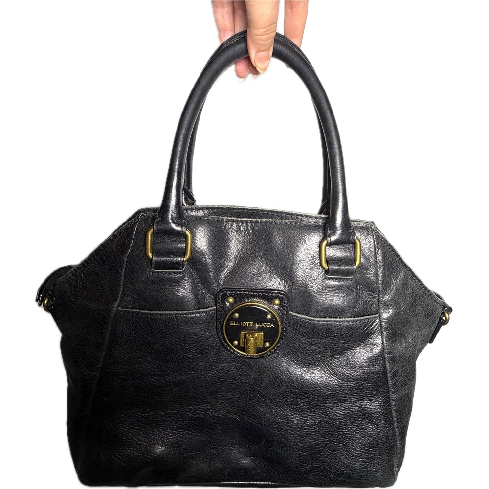 Elliott Lucca Black Pebbled Leather Satchel Handbag Boho Tote Brass Hardware